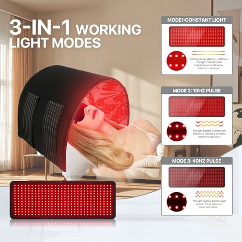 3-in-1 light therapy device with constant, 10Hz pulse, and 40Hz pulse modes.