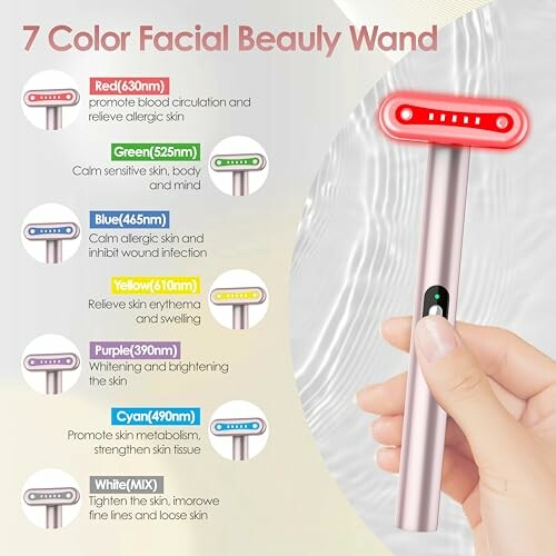 Hand holding a 7 color facial beauty wand with descriptions of benefits for each LED color.