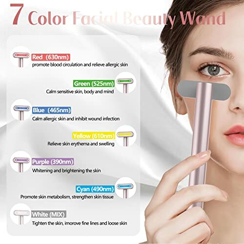 Woman using a multi-color facial beauty wand with color-coded benefits.