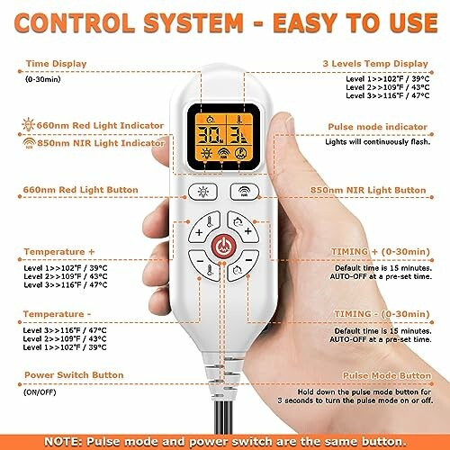 Control system with display and buttons for temperature and timing.