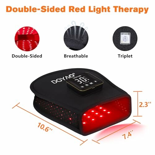 Double-sided red light therapy device with dimensions and features.