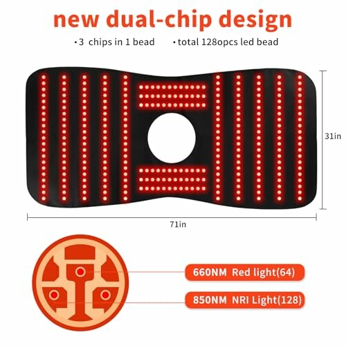 LED light therapy pad with dual-chip design, 660NM red and 850NM NIR light.