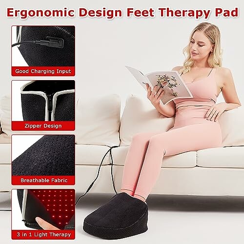 Woman using ergonomic design feet therapy pad with features highlighted.