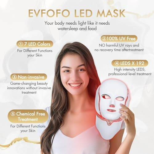 Woman holding an LED mask with benefits listed