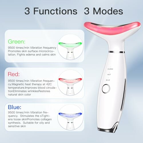 Facial massager with green, red, and blue light functions.