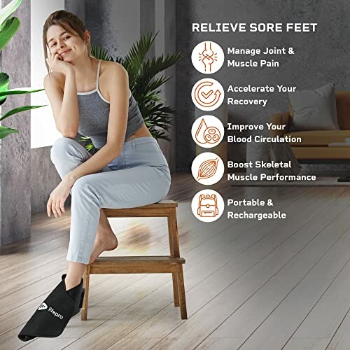 Woman sitting on a chair wearing a foot massage device with benefits listed: manage joint and muscle pain, accelerate recovery, improve blood circulation, boost skeletal muscle performance, portable and rechargeable.