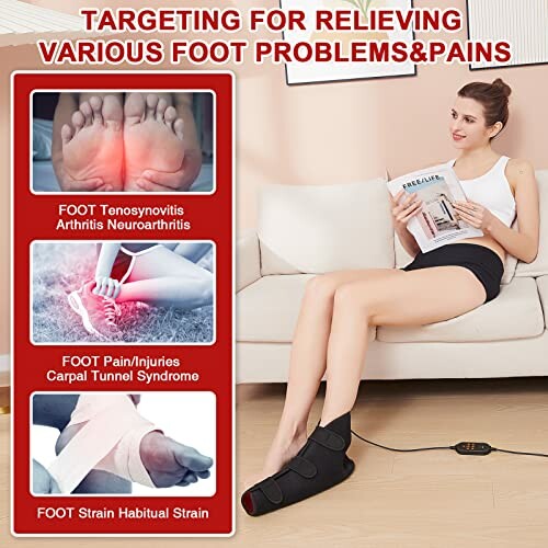 Woman using foot relief device for various foot problems with instructional images.