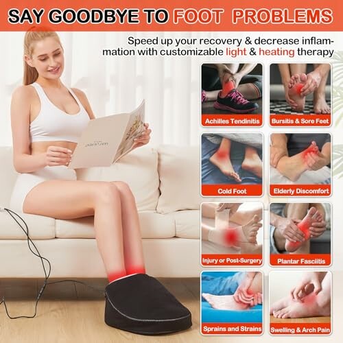 Woman using foot therapy device for pain relief and inflammation.