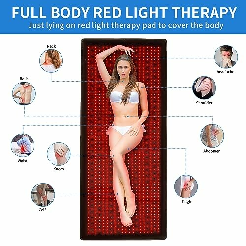 Woman using full body red light therapy pad with highlighted areas.