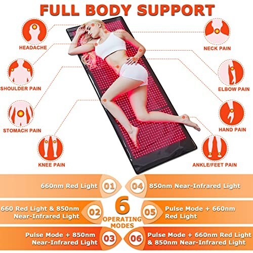 Woman lying on a full body support mat with pain relief indicators for different body parts.