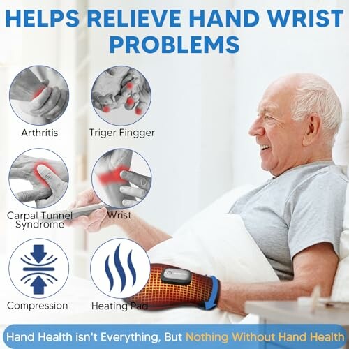 Elderly man using a hand wrist relief device with features like compression and heating pad.