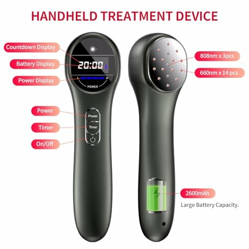 Handheld treatment device with LED display and power settings.