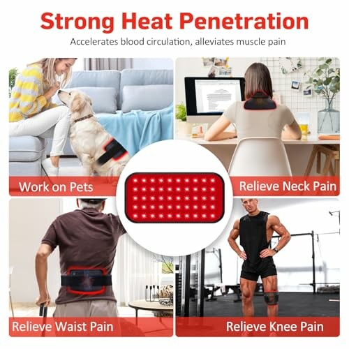 Image showing heat therapy benefits for pets, neck, waist, and knee pain.