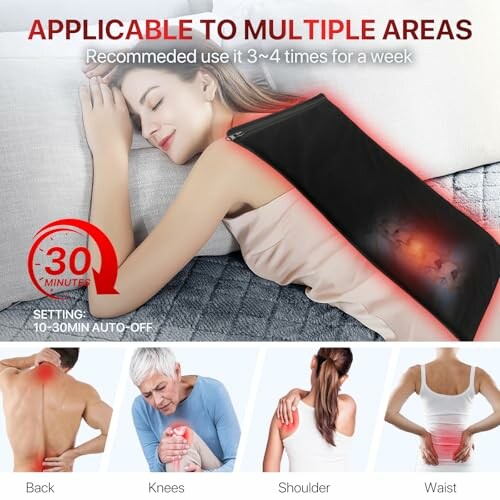 Woman using heat pad for back pain relief, applicable to multiple areas like knees, shoulder, and waist.