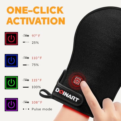 Heated glove with one-click activation button and temperature settings.