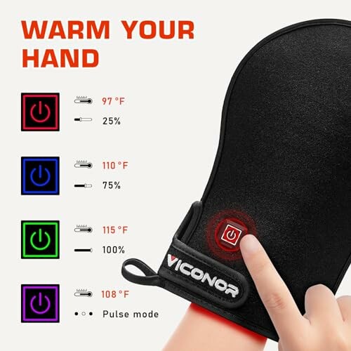 Heated glove with temperature settings and power button.