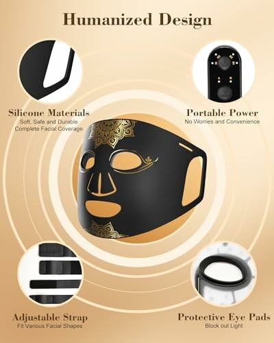 Infographic of a black and gold face mask with features like silicone materials, portable power, adjustable strap, and protective eye pads.