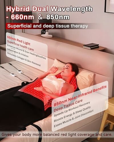 Person using a hybrid dual wavelength therapy device on a bed.