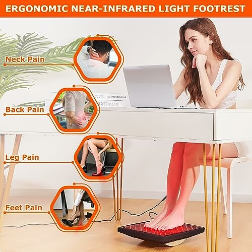 Woman using ergonomic near-infrared light footrest for pain relief at desk.