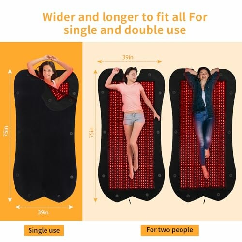 Infrared heating mat for single and double use, showing dimensions and people lying on it.