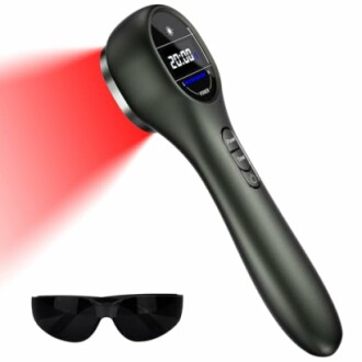 Infrared light therapy device with protective glasses.