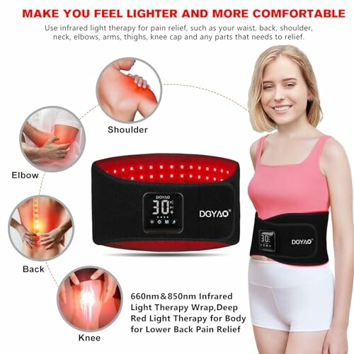 Infrared light therapy wrap for pain relief on various body parts.