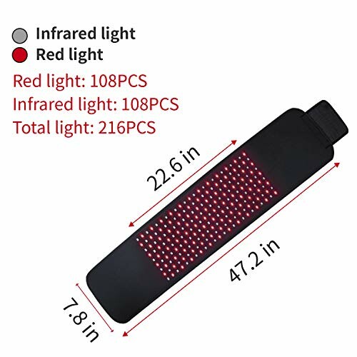 Infrared and red light therapy pad with dimensions and light count.