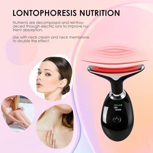 Iontophoresis device for skin nutrition with woman applying on neck.