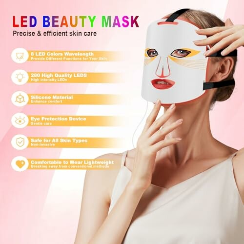 Woman wearing LED beauty mask with features listed.