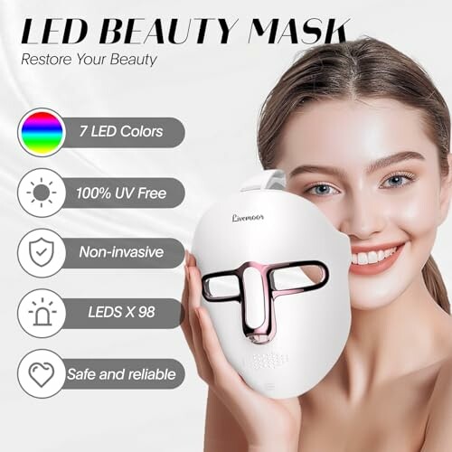 Woman holding LED beauty mask with product features listed.