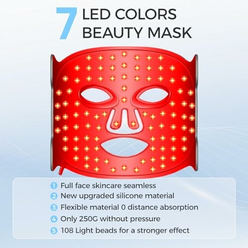 Red LED beauty mask with skincare benefits listed.