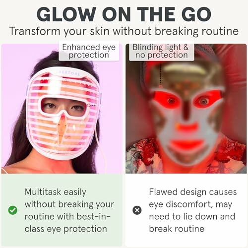 Comparison of two LED face masks highlighting eye protection differences.