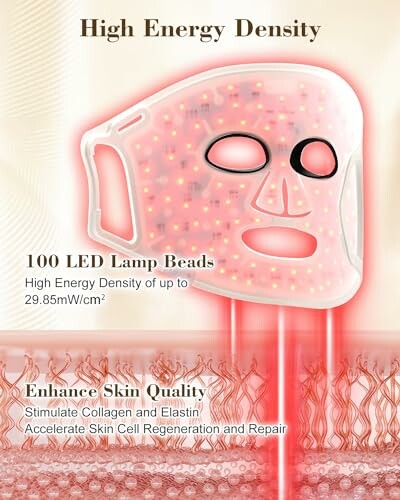 Illustration of a LED face mask promoting skin therapy benefits.