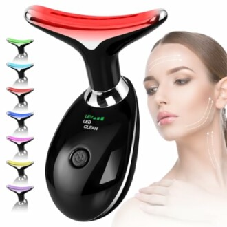 LED facial massager device with color options and woman's face diagram.