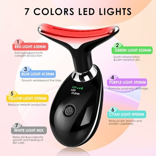 LED light therapy device with 7 color options for skin benefits.