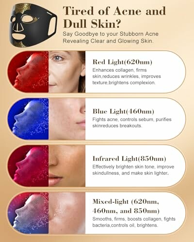 LED light therapy mask benefits for acne and skin improvement with red, blue, infrared, and mixed-light options.