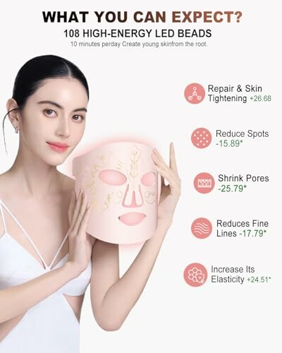 Woman holding LED light therapy mask with skin benefits listed.