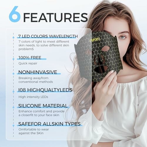 Woman holding LED light therapy mask with 6 key features listed.