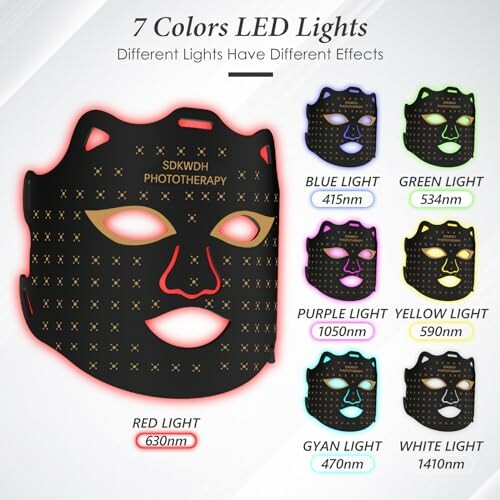 LED light therapy mask with 7 color options for different effects.