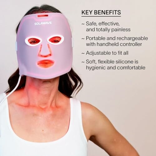 Person wearing a LED light therapy mask with key benefits listed.