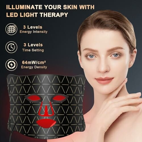 Woman using LED light therapy mask with text describing energy intensity and time settings for customizable skincare treatment.