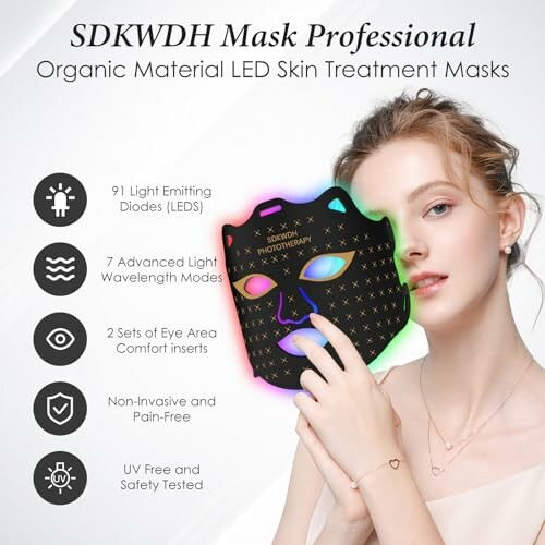 Woman holding LED skin treatment mask with product features listed.