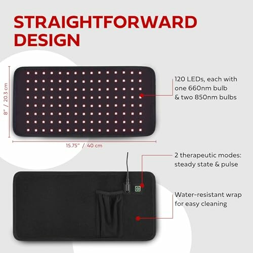 LED therapy pad with dimensions, therapeutic modes, and water-resistant wrap.