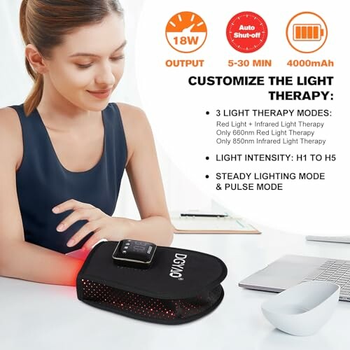 Person using a DIGMIO light therapy device with customizable settings.