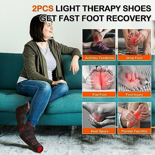 Woman using light therapy shoes for foot recovery on a couch.