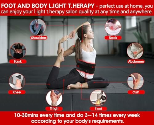 Woman practicing yoga with light therapy device and labeled body parts.