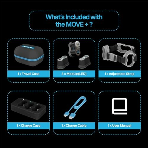 Items included with the MOVE Plus device: travel case, modules, adjustable strap, charge case, charge cable, user manual.