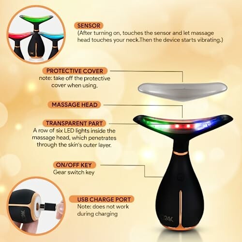 Diagram of a neck massage device with labeled parts including sensor, protective cover, massage head, transparent part, on/off key, and USB charge port.
