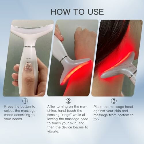 Three-step guide on using a neck massager with red light therapy.