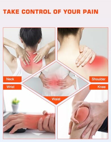 Image showing areas for pain relief: neck, shoulder, wrist, waist, knee.